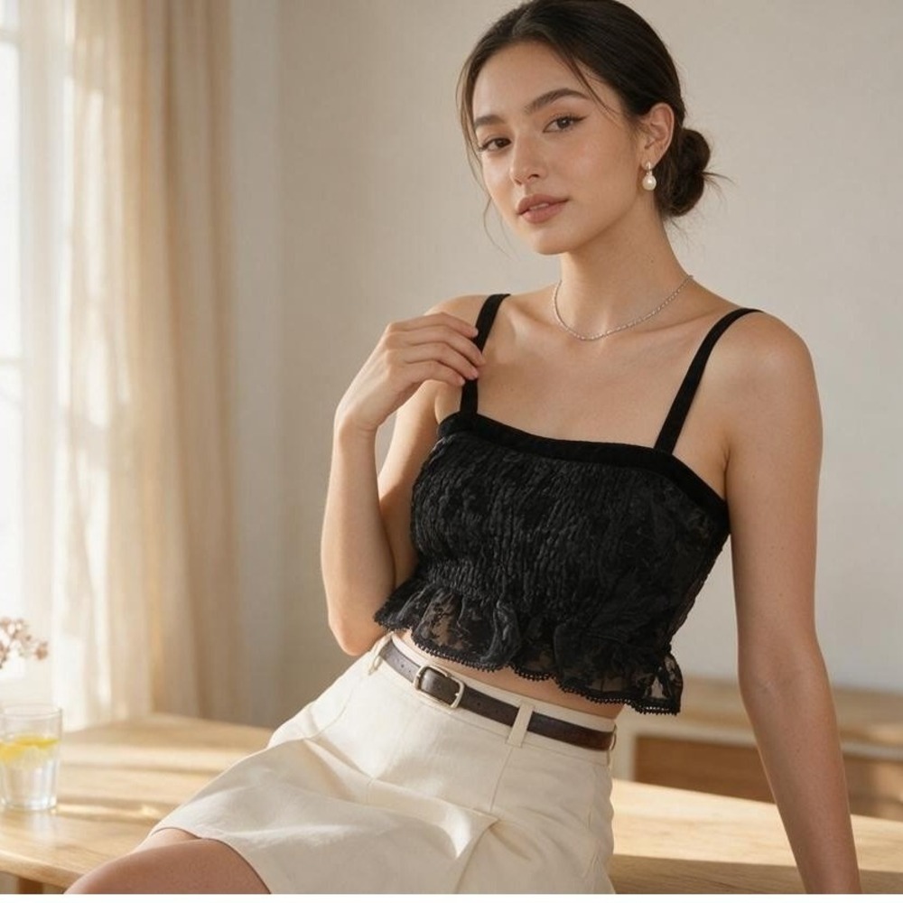 Thirty Thirty Velvet Floral Camisole Crop Top Women's M Black Lace Whimsigoth